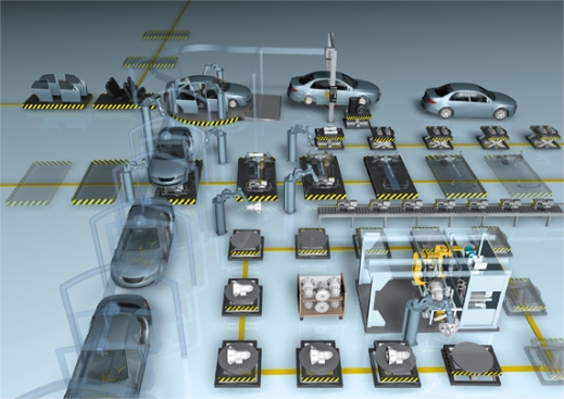 In 3-D visualisierte Produktionsablufe, Fertigungstechnik, Bearbeitungs-Inseln von Artefactum GmbH, Starnberg, der Kreativ-Agentur fr Technik und Investitionsgter